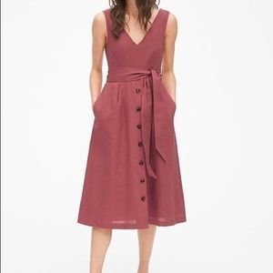 Linen Button Front Rose Pink Midi Dress